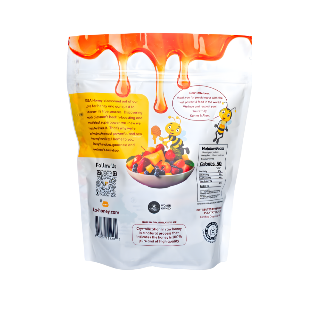 Back of K&A Honey package with dripping honey graphics, cartoon bees, fruit bowl, brand story, nutrition facts, organic certification, and message honoring bees; includes QR code and 'Women Owned' badge.