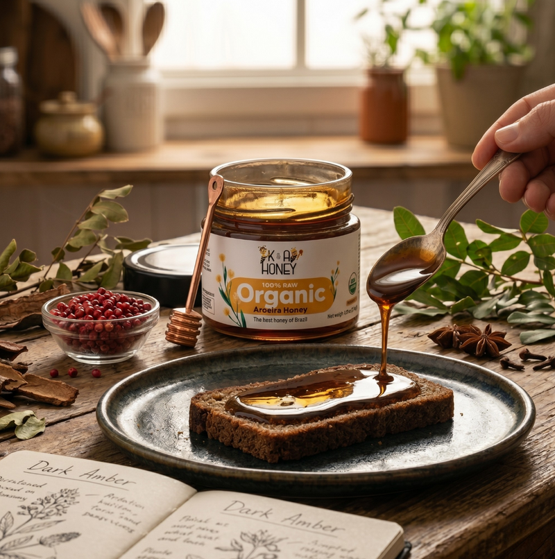 Person spreading honey on toast with a jar of honey in the background.