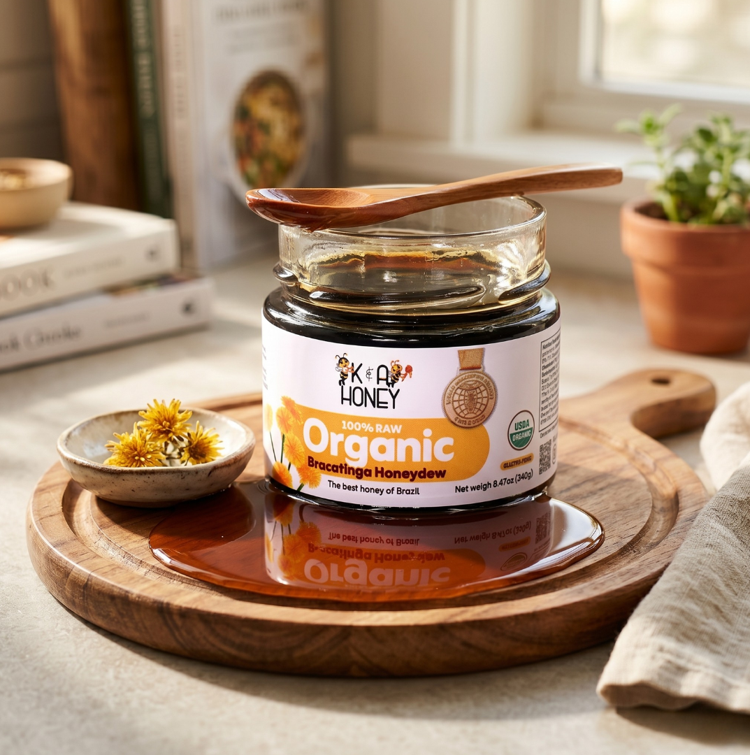 Jar of honey on a wooden cutting board with a spoon and small dish of honeycomb.