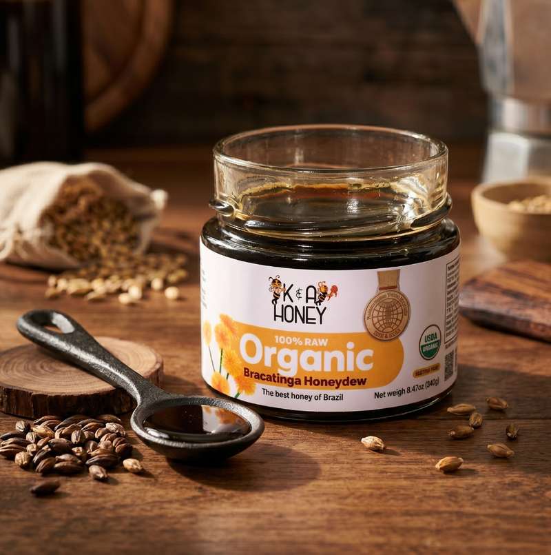 Jar of Kiri Honey Organic honey on a wooden surface with a spoon and honeycomb pieces.