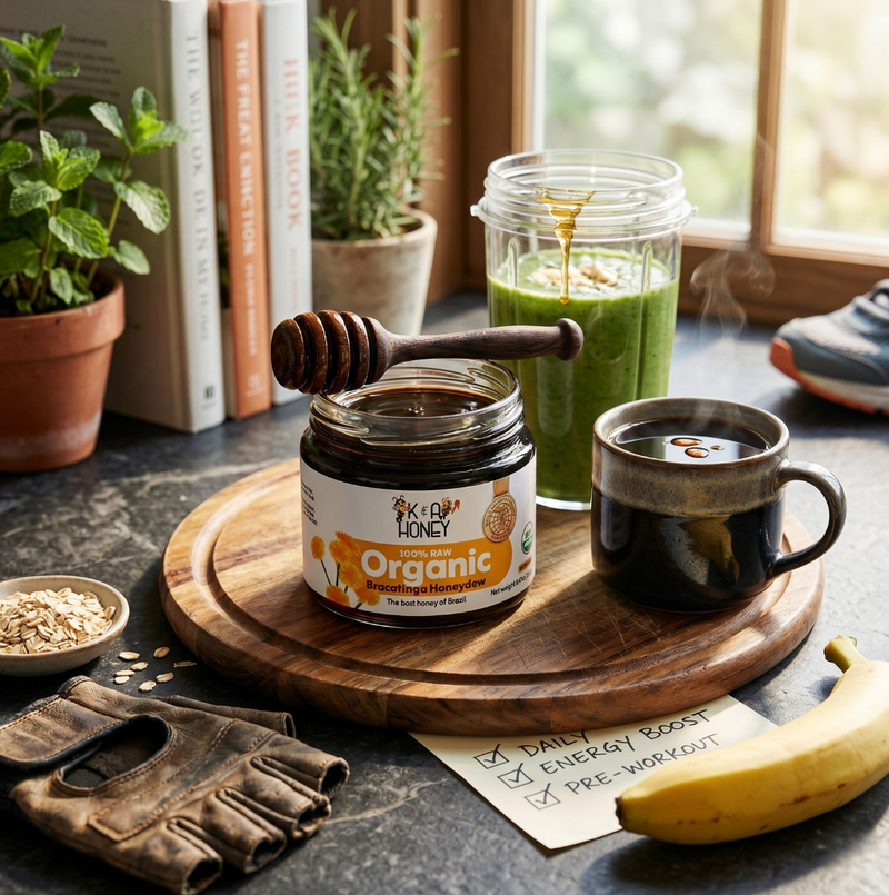 Jar of organic product on a wooden tray with a cup, honey dipper, and banana on a table.