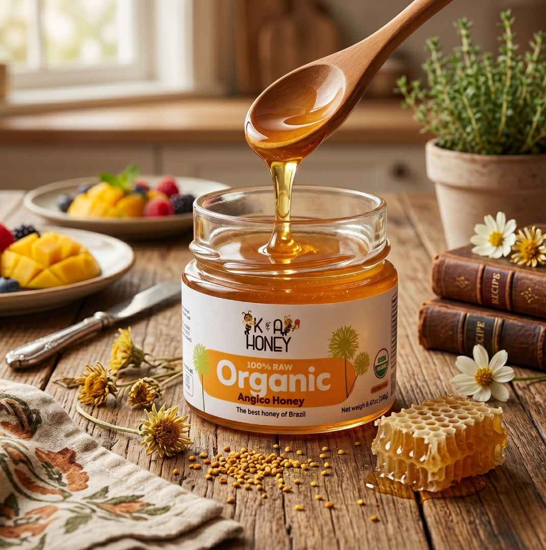 Jar of organic honey with a wooden spoon dripping honey, surrounded by fruits and flowers on a rustic wooden table.
