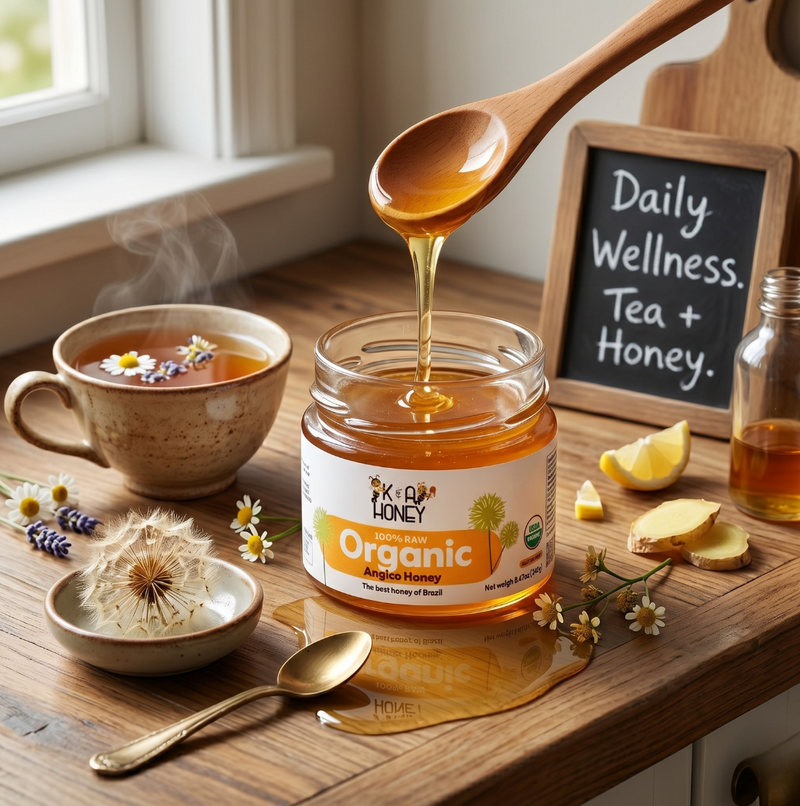 Jar of honey with a wooden spoon drizzling honey over it, on a table with a tea cup and chalkboard sign.