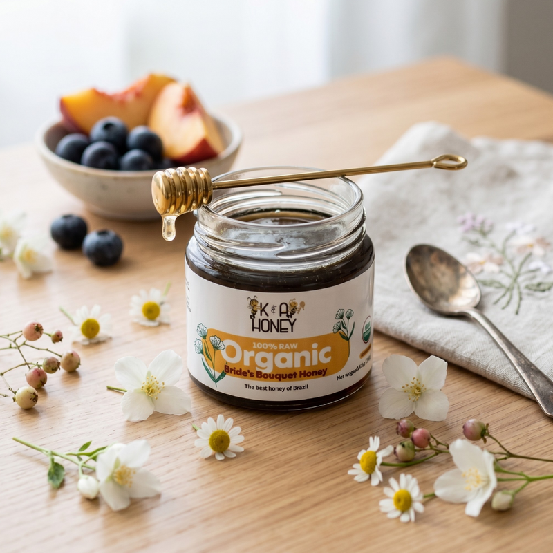 Jar of organic honey on a wooden table with flowers and fruit in the background