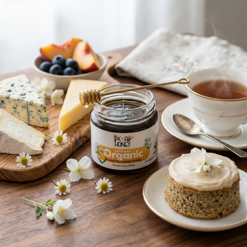 Table setting with a jar of organic spread, cake, and tea.