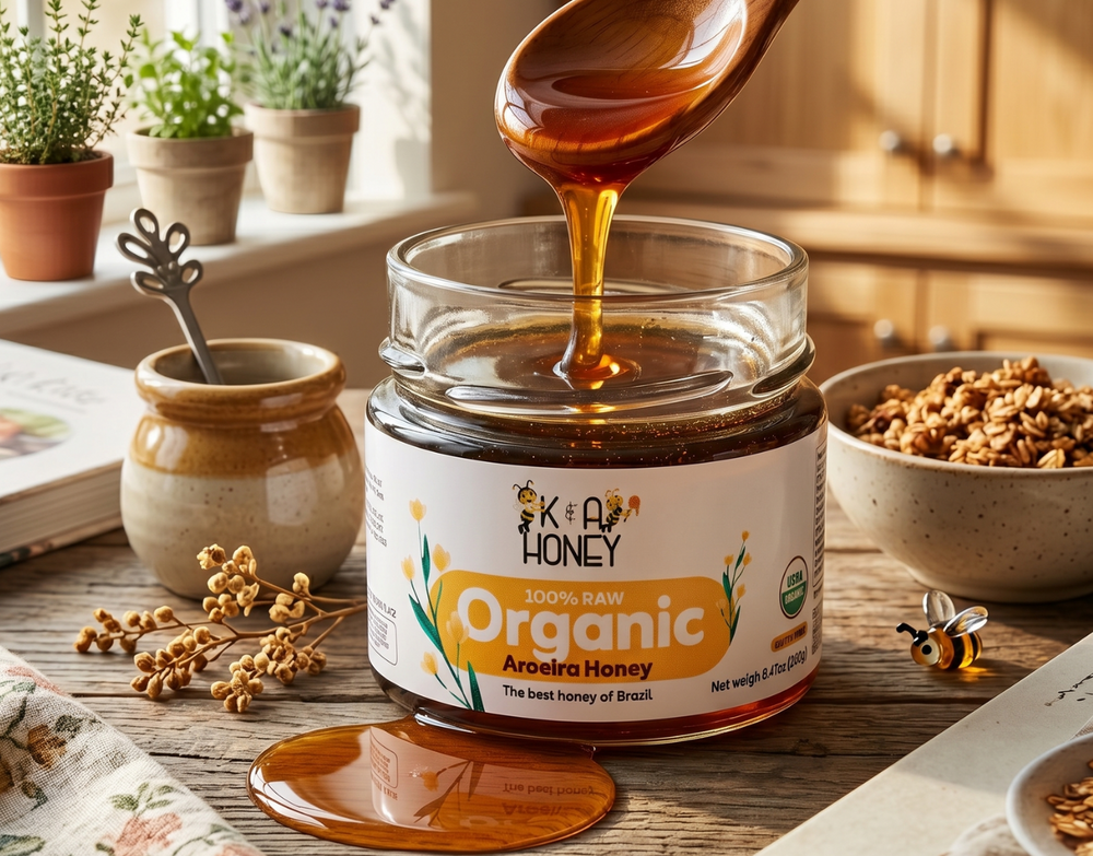 Jar of organic honey with a spoon drizzling honey over it on a wooden table.