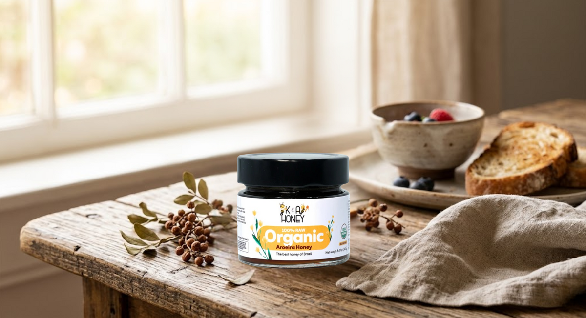 Jar of organic product on a wooden table with a bowl and bread in the background
