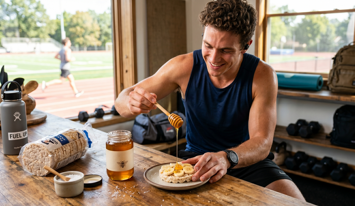 Fit man drizzling honey on rice cake with banana and salt in gym.