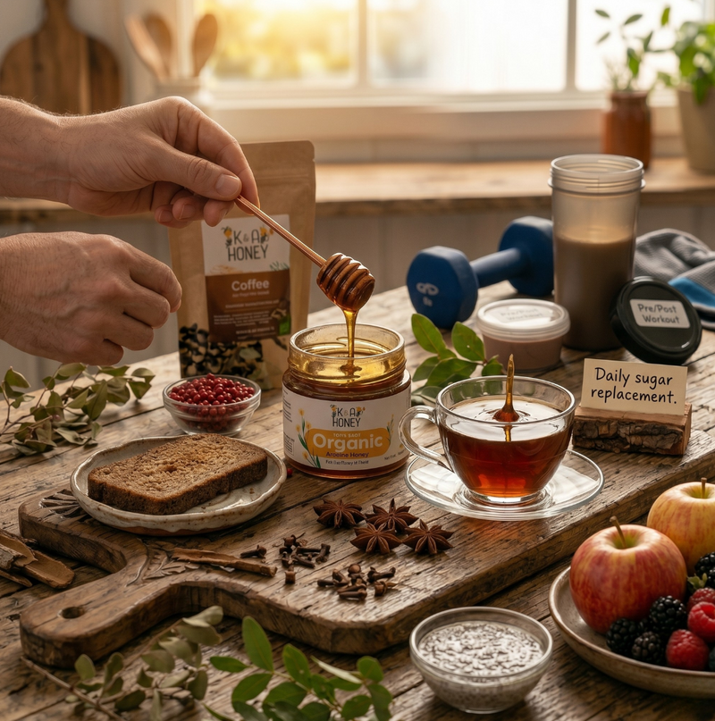 Person pouring honey into a glass of tea on a wooden table with various items.