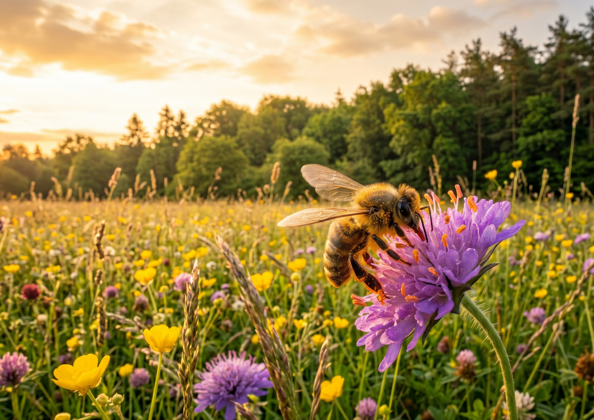 Bee on a purple flower in a field with a sunset background